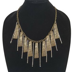 Rhinestone Hammered Bronze Tone Egyptian Fringe Collar Statement Necklace